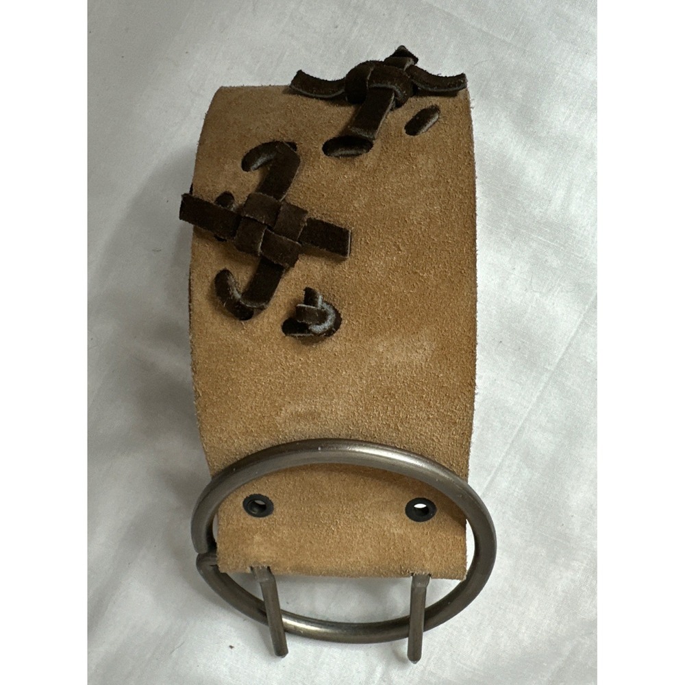 Vintage Wide Leather Belt Grommets Made In Spain Tan‎ Silver Metal Unique Small